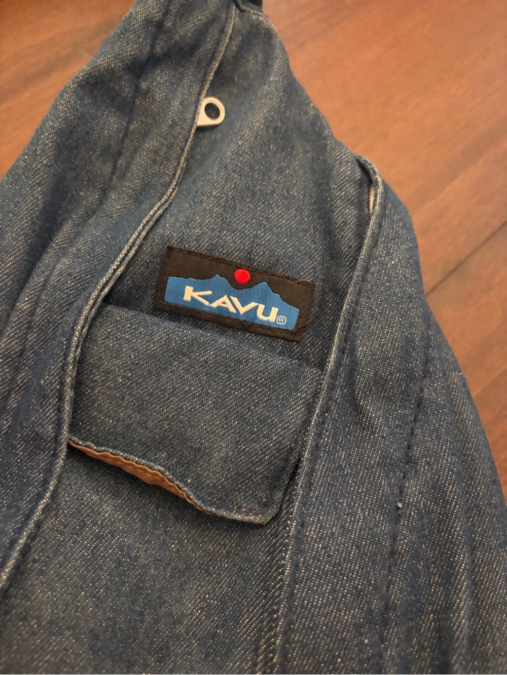 Kavu Denim Blue Crossbody Bag with Black and Red Logo